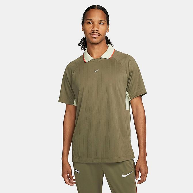 [angle] view of Men's Nike FC Tribuna Soccer Jersey in Olive Green Click to zoom