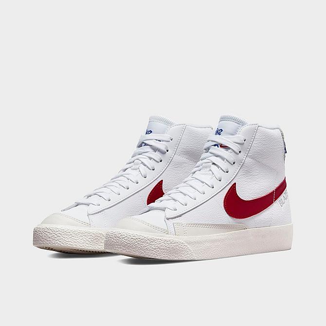 Three Quarter view of Big Kids' Nike Blazer Mid '77 SE Casual Shoes in White/Gym Red/Light Smoke Grey/Phantom Click to zoom