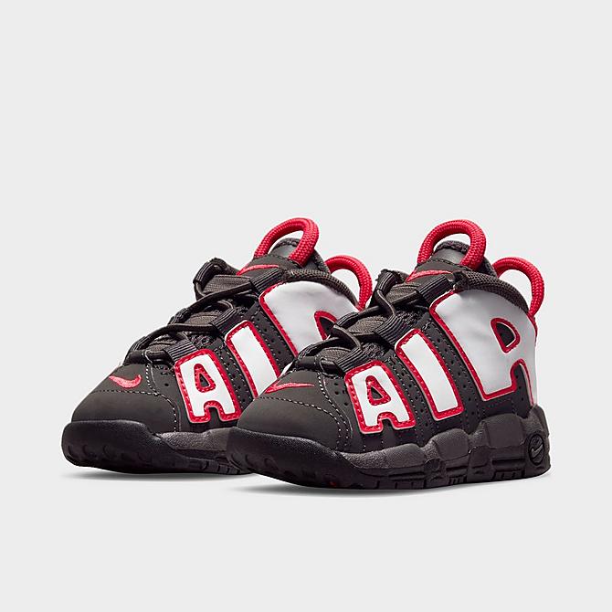 Three Quarter view of Kids' Toddler Nike Air More Uptempo Basketball Shoes in Medium Ash/Black/Siren Red/White Click to zoom