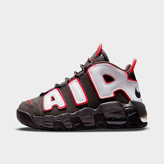 Right view of Boys' Little Kids' Nike Air More Uptempo Basketball Shoes in Medium Ash/White/Black/Siren Red Click to zoom
