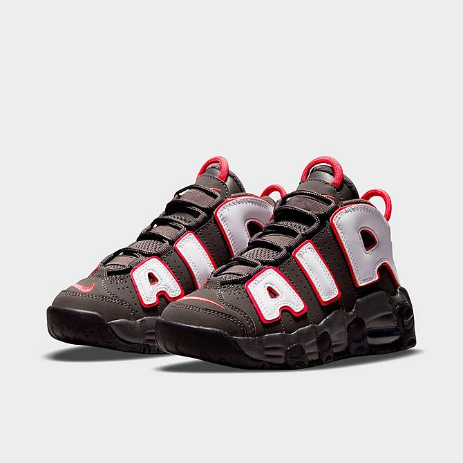 Three Quarter view of Boys' Little Kids' Nike Air More Uptempo Basketball Shoes in Medium Ash/White/Black/Siren Red Click to zoom
