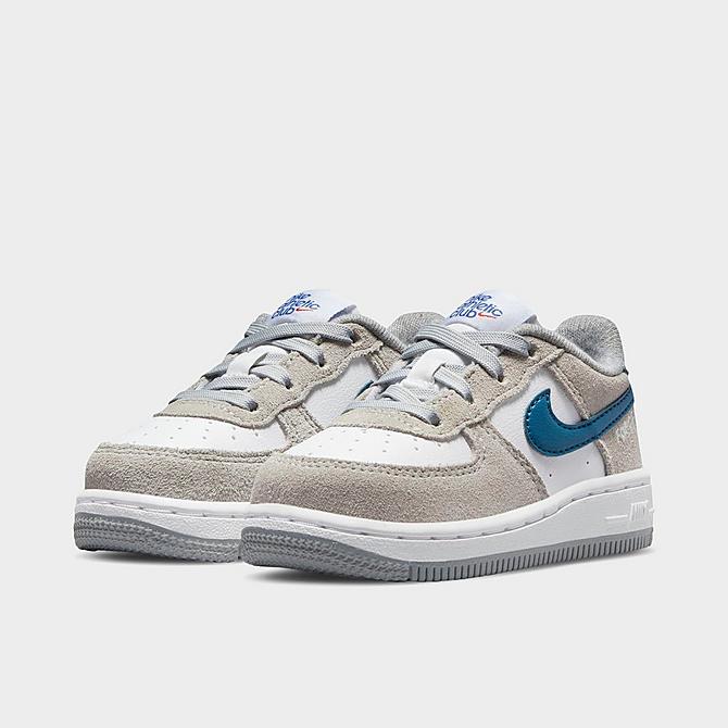 Three Quarter view of Kids' Toddler Nike Force 1 LV8 Casual Shoes in Light Smoke Grey/Marina/White/Light Smoke Grey Click to zoom