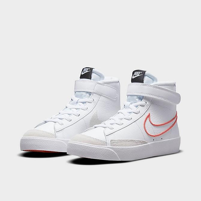Three Quarter view of Girls' Little Kids' Nike Blazer Mid '77 SE Casual Shoes in White/Purple Pulse/Pink Foam/Magic Ember Click to zoom