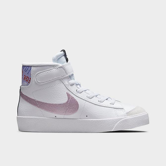 Front view of Girls' Little Kids' Nike Blazer Mid '77 SE Casual Shoes in White/Purple Pulse/Pink Foam/Magic Ember Click to zoom