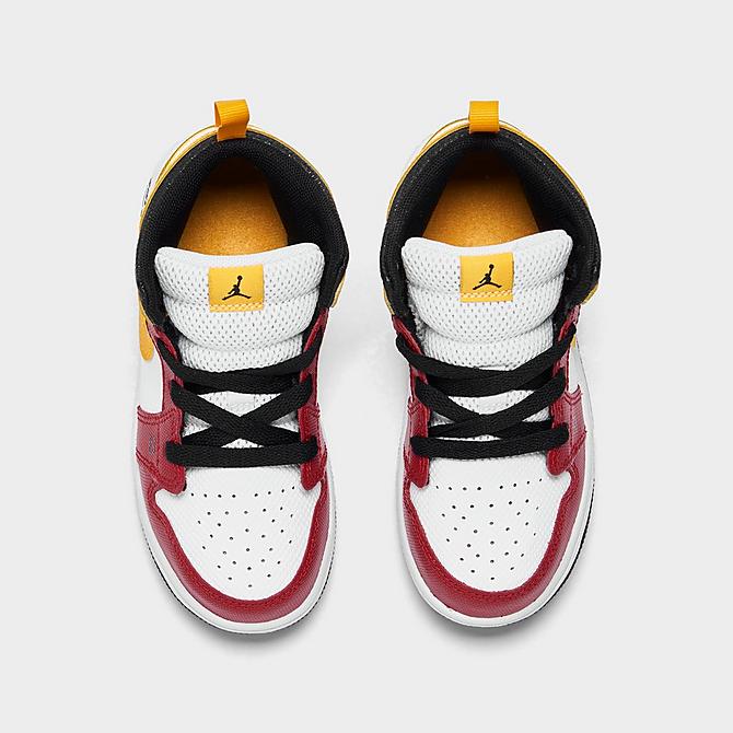 Back view of Kids' Toddler Air Jordan 1 Mid SE Casual Shoes in Black/University Gold/Gym Red/White Click to zoom