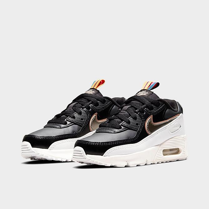 Three Quarter view of Little Kids' Nike Air Max 90 LTR SE Casual Shoes in Off Noir/Black/Summit White/Metallic Pewter Click to zoom