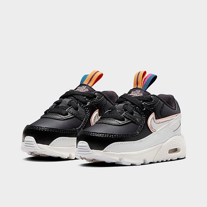 Three Quarter view of Kids' Toddler Nike Air Max 90 LTR SE Casual Shoes in Off Noir/Black/Summit White/Metallic Pewter Click to zoom