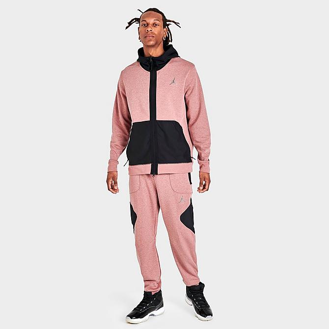 Front Three Quarter view of Men's Jordan Dri-FIT Air Fleece Pants in Fossil Rose/Black/Reflective Silver Click to zoom