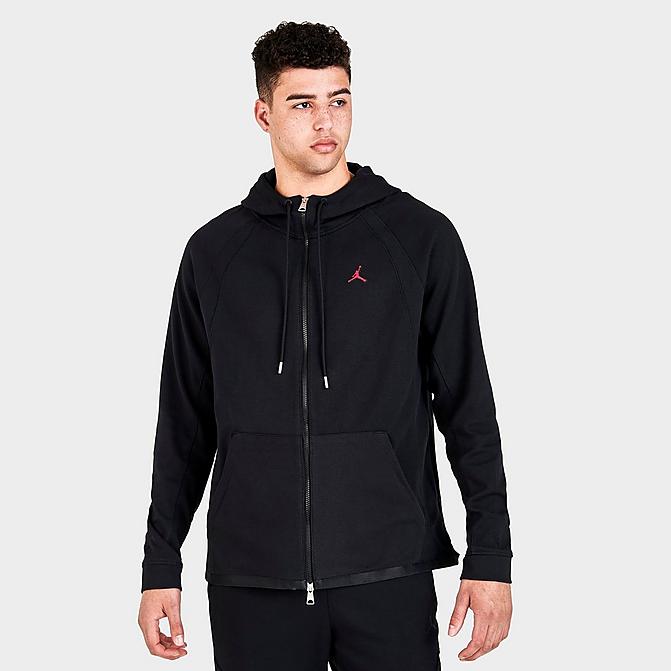 Front view of Men's Jordan Essentials Full-Zip Hooded Warmup Jacket in Black/Gym Red Click to zoom