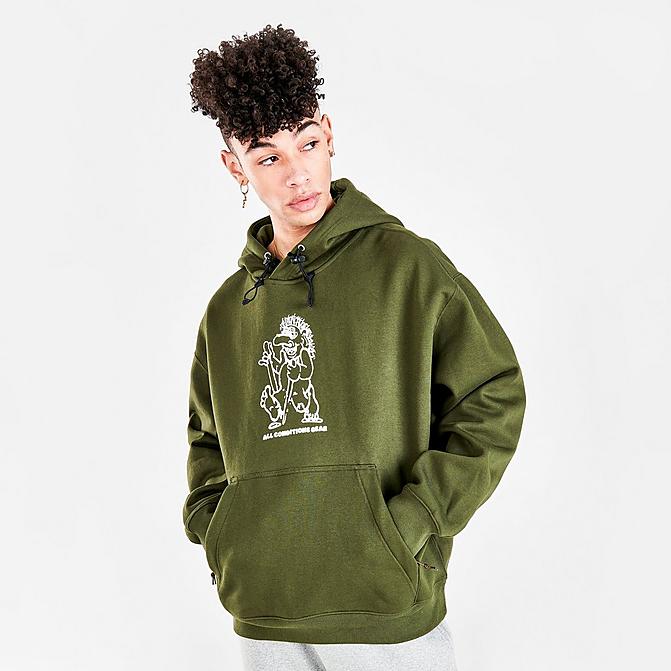 Front view of Men's Nike ACG Therma-FIT Troll Graphic Print Pullover Hoodie in Cargo Khaki/Black/Summit White Click to zoom