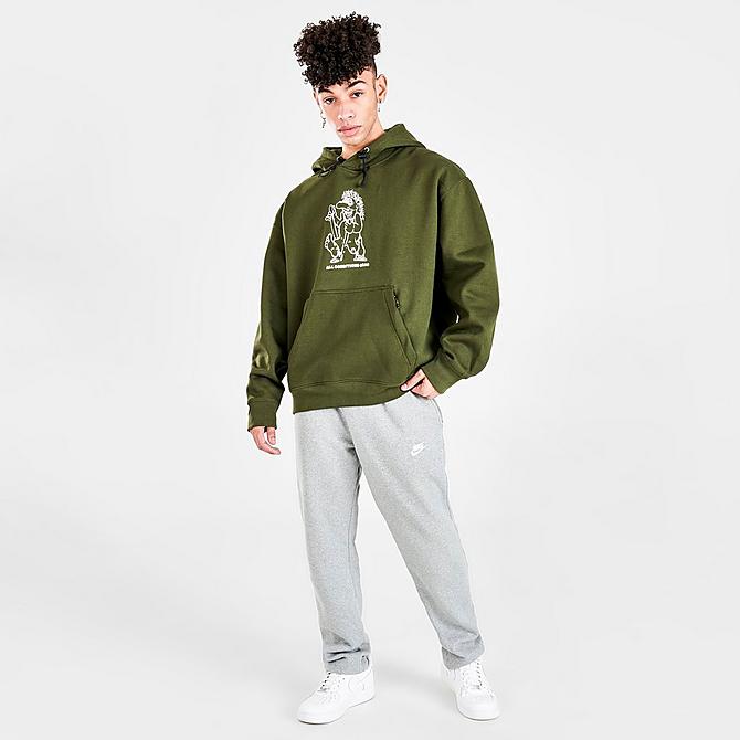Front Three Quarter view of Men's Nike ACG Therma-FIT Troll Graphic Print Pullover Hoodie in Cargo Khaki/Black/Summit White Click to zoom