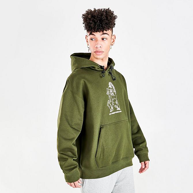Back Left view of Men's Nike ACG Therma-FIT Troll Graphic Print Pullover Hoodie in Cargo Khaki/Black/Summit White Click to zoom
