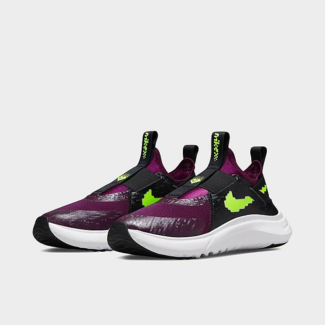Three Quarter view of Big Kids' Nike Flex Plus SE Road Running Shoes in Sangria/Black/White/Volt Click to zoom