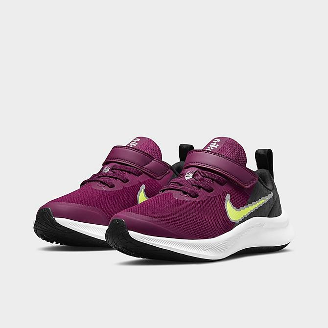 Three Quarter view of Little Kids' Nike Star Runner 3 SE Hook-and-Loop Running Shoes in Sangria/Volt/Black/White Click to zoom