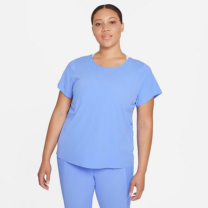 Front view of Women's Nike Yoga Luxe T-Shirt (Plus Size) in Royal Pulse/Aluminum Click to zoom