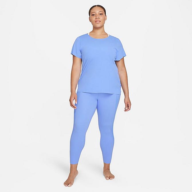 Front Three Quarter view of Women's Nike Yoga Luxe T-Shirt (Plus Size) in Royal Pulse/Aluminum Click to zoom