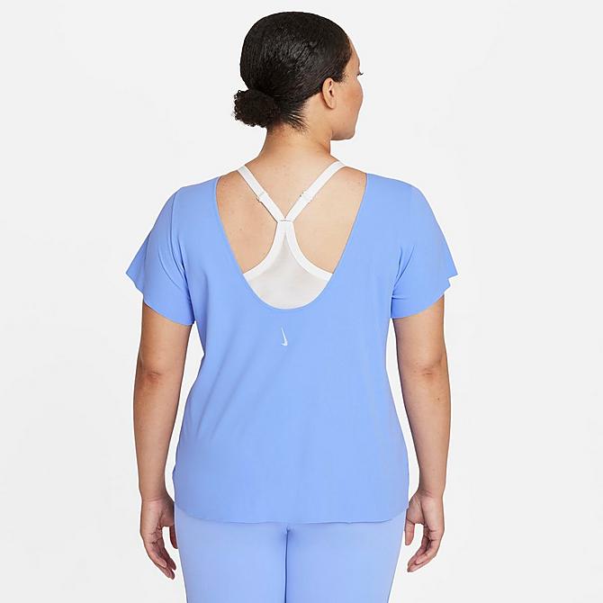 Back Left view of Women's Nike Yoga Luxe T-Shirt (Plus Size) in Royal Pulse/Aluminum Click to zoom