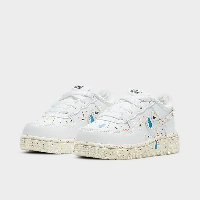 Three Quarter view of Kids' Toddler Nike Air Force 1 Paint Splatter Casual Shoes in White/Sail/White/White Click to zoom