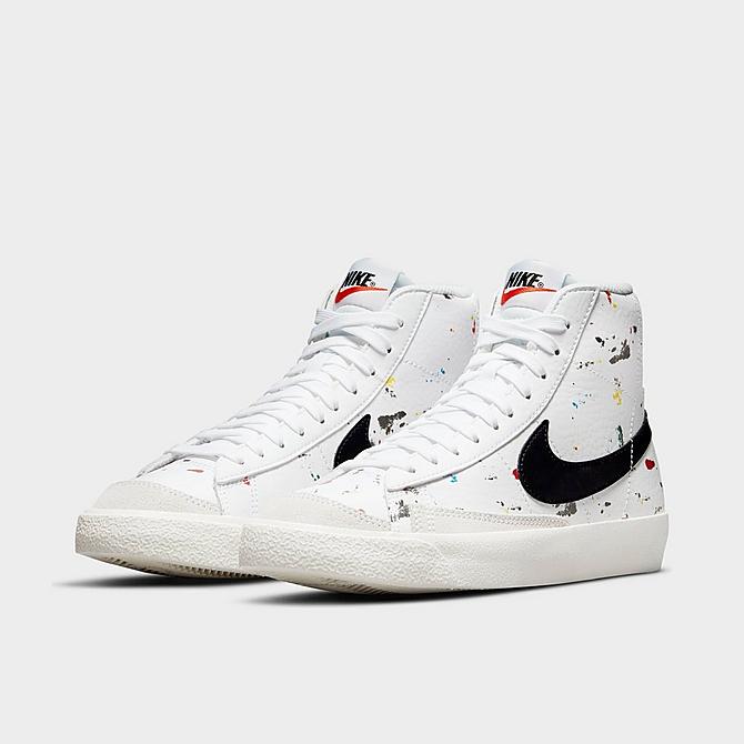 Three Quarter view of Big Kids' Nike Blazer Mid '77 Paint Splatter Casual Shoes in White/Black/White/Sail Click to zoom