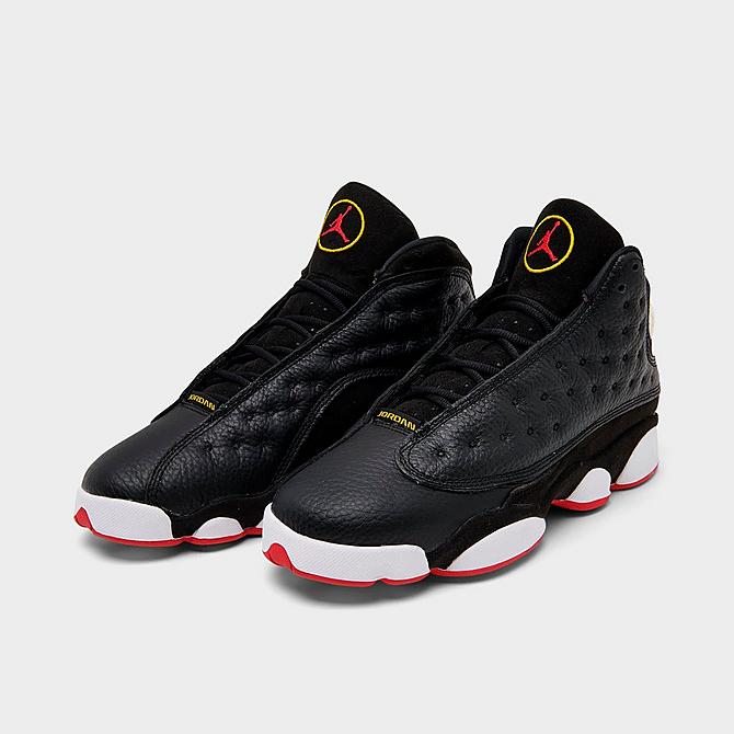 Three Quarter view of Big Kids' Air Jordan Retro 13 Basketball Shoes in Black/True Red/White Click to zoom