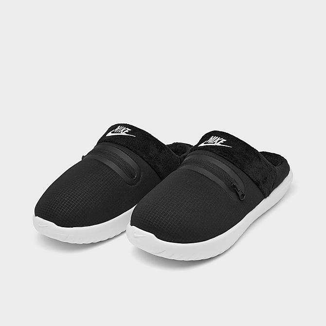 Three Quarter view of Women's Nike Burrow Casual Slippers in Black/White Click to zoom