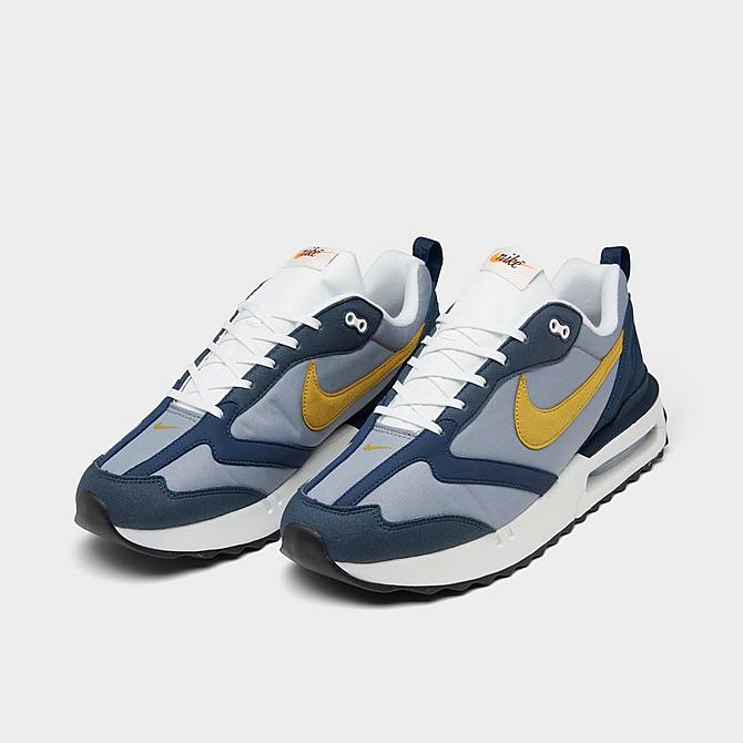 Three Quarter view of Men's Nike Air Max Dawn Next Nature Casual Shoes in Particle Grey/Dark Citron/Armory Navy/Light Bone/Black/Total Orange Click to zoom