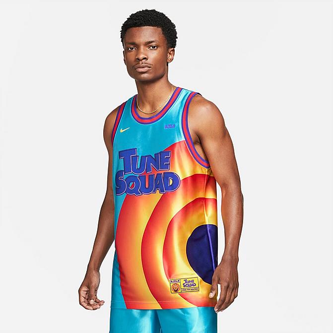 [angle] view of Men's Nike LeBron x Space Jam: A New Legacy Tune Squad Dri-FIT Basketball Jersey in Light Blue Fury/Concord/University Gold Click to zoom