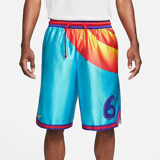 Front view of Men's Nike LeBron x Space Jam: A New Legacy Tune Squad Dri-FIT Basketball Shorts in Light Blue Fury/Concord/University Red/University Gold Click to zoom