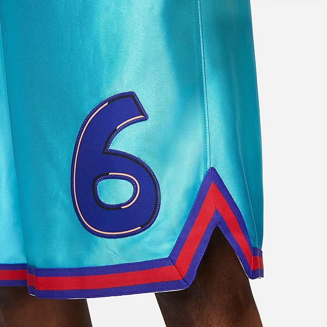 On Model 5 view of Men's Nike LeBron x Space Jam: A New Legacy Tune Squad Dri-FIT Basketball Shorts in Light Blue Fury/Concord/University Red/University Gold Click to zoom
