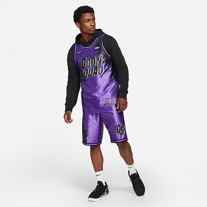 Back Left view of Men's Nike LeBron x Space Jam: A New Legacy Goon Squad Dri-FIT Basketball Shorts in Hyper Grape/Black/Wolf Grey Click to zoom