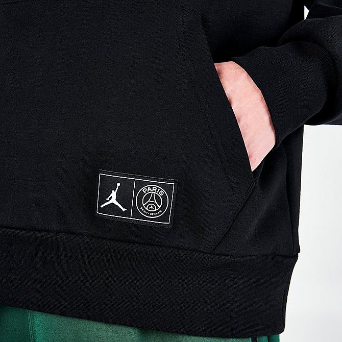 On Model 6 view of Men's Jordan Paris Saint-Germain Stripe Logo Hoodie in Black Click to zoom