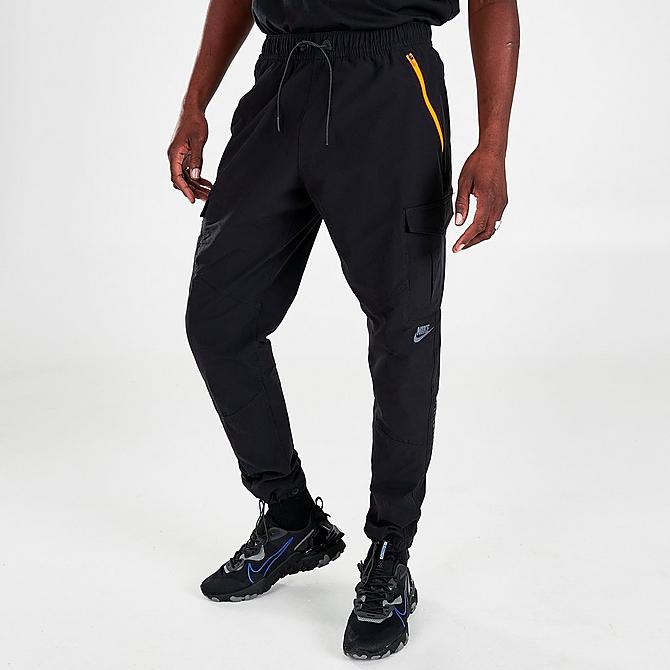 Front Three Quarter view of Men's Nike Sportswear Air Max Woven Cargo Jogger Pants in Black/Black/Black Click to zoom
