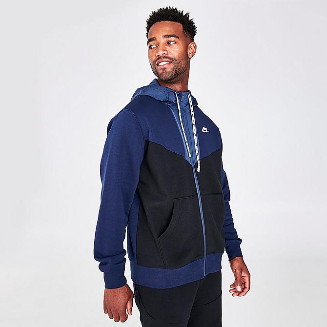 Back Left view of Men's Nike Sportswear Hybrid Fleece Full-Zip Hoodie in Obsidian/Black/Thunder Blue/Black Click to zoom