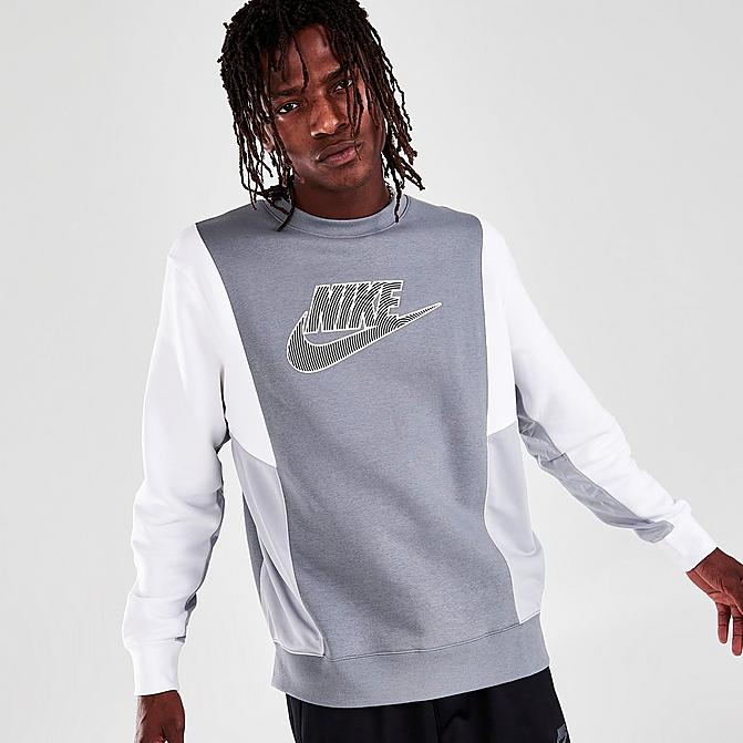 Front view of Men's Nike Sportswear Hybrid Fleece Pullover Sweatshirt in Cool Grey/White/Wolf Grey Click to zoom