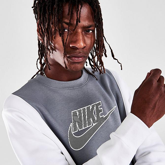 On Model 5 view of Men's Nike Sportswear Hybrid Fleece Pullover Sweatshirt in Cool Grey/White/Wolf Grey Click to zoom