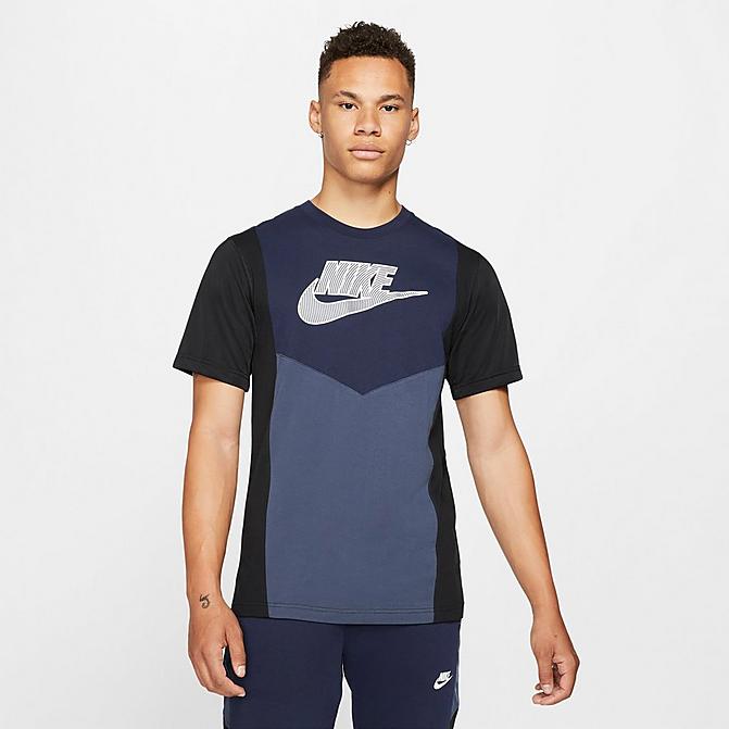 Front view of Men's Nike Sportswear Hybrid Short-Sleeve T-Shirt in Obsidian/Thunder Blue/Black Click to zoom