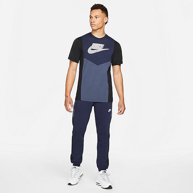 Front Three Quarter view of Men's Nike Sportswear Hybrid Short-Sleeve T-Shirt in Obsidian/Thunder Blue/Black Click to zoom