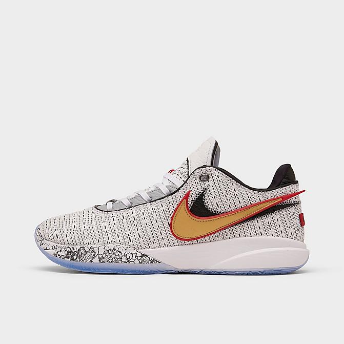 Right view of Nike LeBron 20 Basketball Shoes in White/Metallic Gold/Black/University Red Click to zoom
