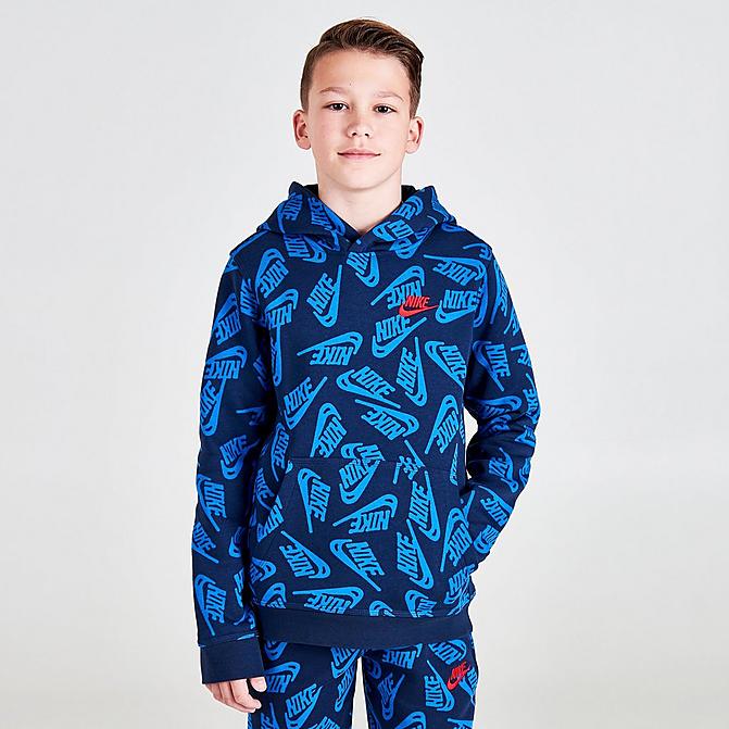 Front view of Boys' Nike Sportswear Allover Print Futura Pullover Hoodie in Midnight Navy/University Red Click to zoom