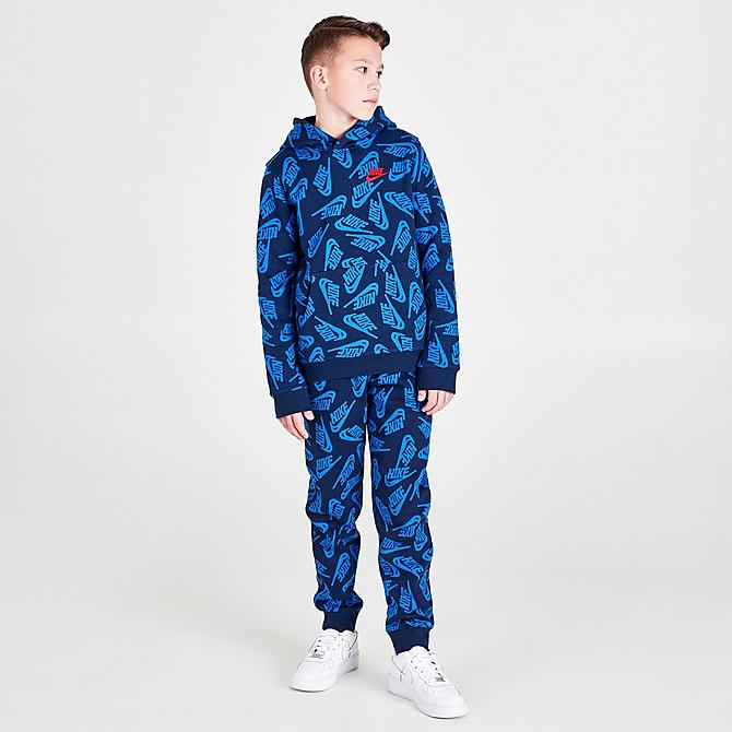 Front Three Quarter view of Boys' Nike Sportswear Allover Print Futura Pullover Hoodie in Midnight Navy/University Red Click to zoom