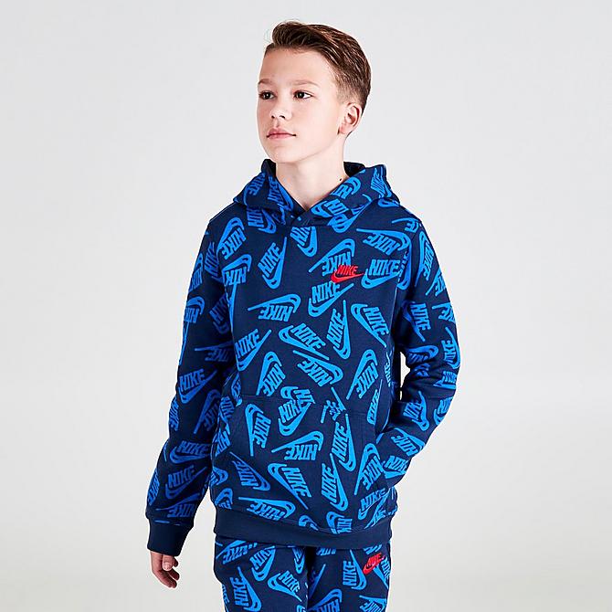 Back Left view of Boys' Nike Sportswear Allover Print Futura Pullover Hoodie in Midnight Navy/University Red Click to zoom