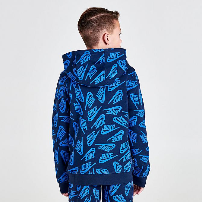 Back Right view of Boys' Nike Sportswear Allover Print Futura Pullover Hoodie in Midnight Navy/University Red Click to zoom