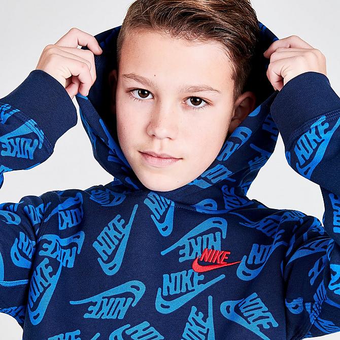 On Model 5 view of Boys' Nike Sportswear Allover Print Futura Pullover Hoodie in Midnight Navy/University Red Click to zoom