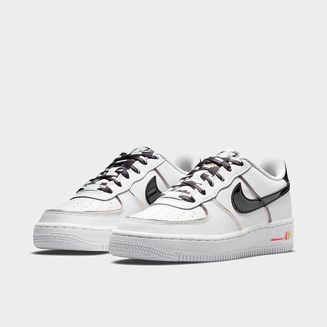 Three Quarter view of Big Kids' Nike Air Force 1 Casual Shoes in White/Bright Crimson/Light Voltage Yellow/Black Click to zoom