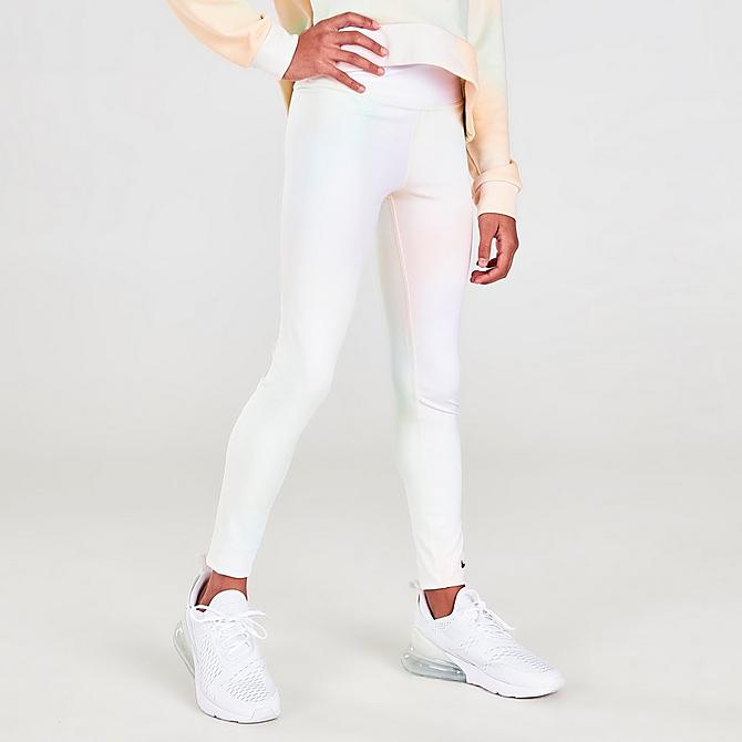 Back Left view of Girls' Nike Dri-FIT One Aura Printed Training Tights in Light Lemon Twist Allover Print Click to zoom