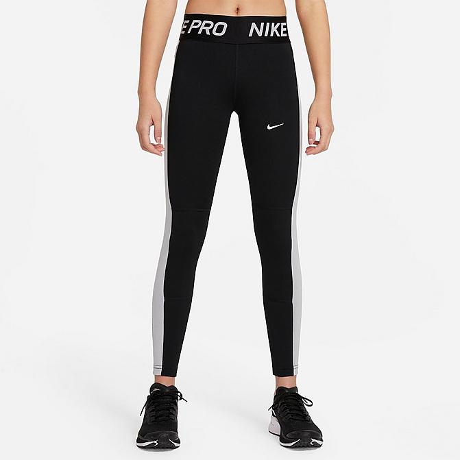 Front view of Girls' Nike Pro Warm Dri-FIT Leggings in Black/Light Smoke Grey/White Click to zoom