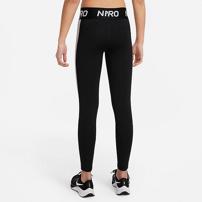Front Three Quarter view of Girls' Nike Pro Warm Dri-FIT Leggings in Black/Light Smoke Grey/White Click to zoom