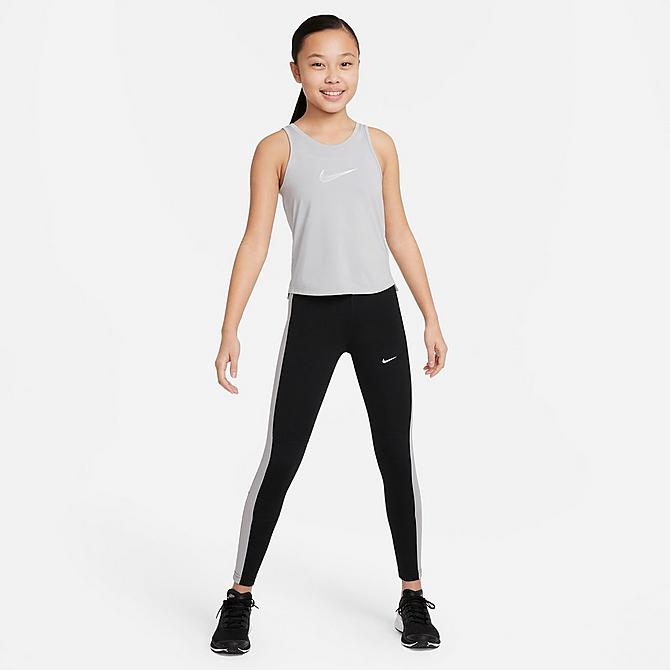 Back Left view of Girls' Nike Pro Warm Dri-FIT Leggings in Black/Light Smoke Grey/White Click to zoom