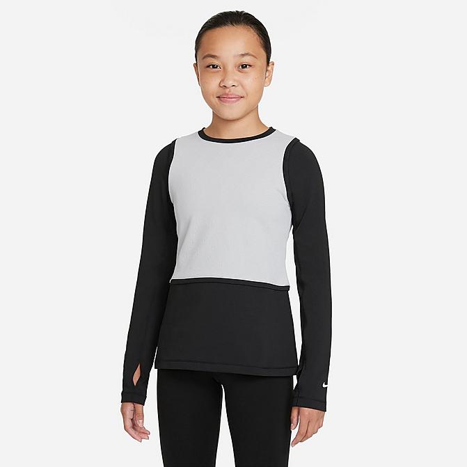 Front view of Girls' Nike Pro Warm Dri-FIT Long-Sleeve Top in Light Smoke Grey/Black/White Click to zoom