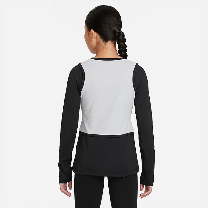 Front Three Quarter view of Girls' Nike Pro Warm Dri-FIT Long-Sleeve Top in Light Smoke Grey/Black/White Click to zoom